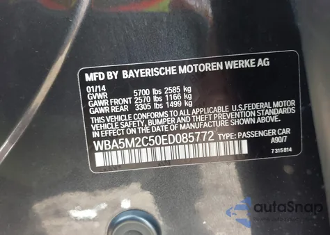 2014 BMW 535I Gran Turismo z USA, uszkodzony, nr VIN WBA5M2C50ED085772